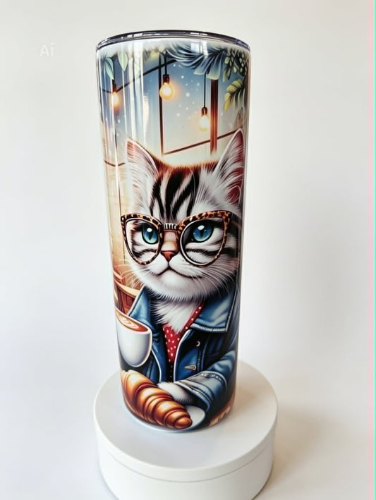 Cat and Coffee 20oz Tumbler | Bookish Cat Stainless Steel Tumbler